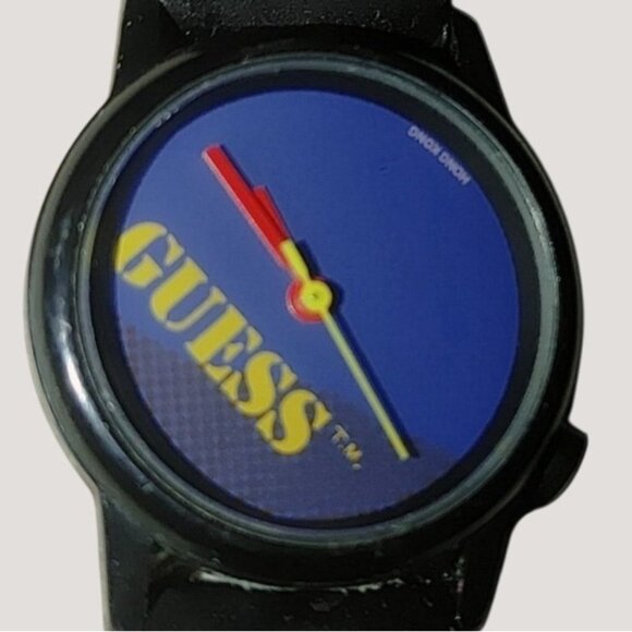 Guess Quartz Watch Vintage Black Strap Blue Dial Stainless Steel Water Resistant - Picture 1 of 8